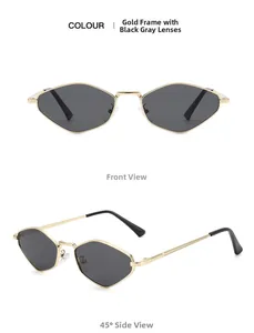 Lunettes de soleil polygonales en métal doré avec verres foncés, vues de face et côté