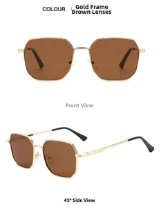 Detail of square gold metal sunglasses with tea lenses showing front and side views