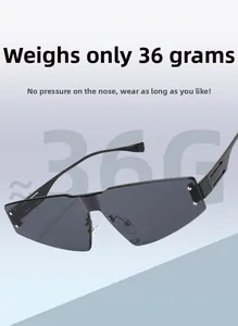 Detail of lightweight rimless sunglasses showing silver rivets and grey gradient background