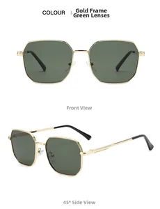 Detailed front and 45-degree angle views of gold metal frame sunglasses with green lenses