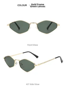 Vues détaillées de face et de profil de lunettes de soleil polygonales dorées aux verres verts