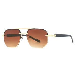 Modische randlose Sonnenbrille mit braunem Verlauf und goldenem Doppelsteg-Metallrahmen