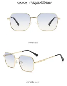 Detailed front and 45-degree side views of gold metal hexagonal gradient sunglasses