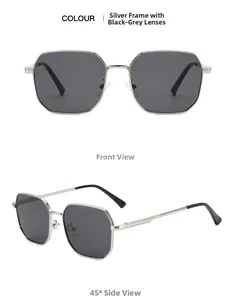 Close-up of silver metal octagonal sunglasses with dark grey lenses in dual angle views
