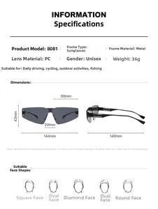 Detailed size chart for rimless sunglasses showing lens width and metal frame dimensions