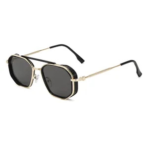 Vintage steampunk sunglasses with black polygonal lenses and gold metal frame with side shields