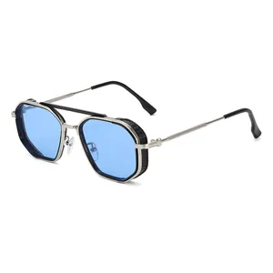 Retro punk metal sunglasses with blue lenses and side shield detail in a 45-degree view