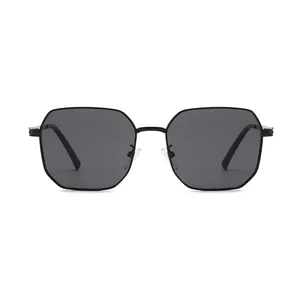 Classic black hexagonal metal frame sunglasses with minimalist thin temples and dark lenses