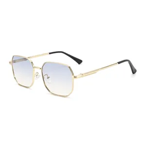 Classic square metal sunglasses with gold frames and gradient blue lenses for men