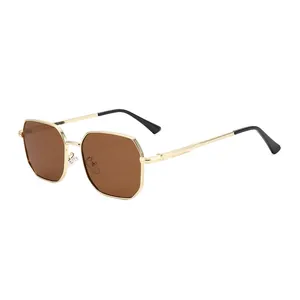Classic gold metal square sunglasses with polygon brown lenses for a retro street style look