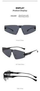 Detailed views of rimless oversized sunglasses with hollowed temples in black and grey