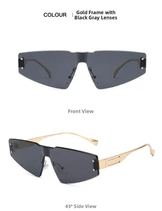 Detail of rimless gold frame sunglasses with dark grey geometric lenses and metal temples