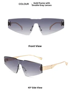 Front and 45-degree side view of rimless oversized sunglasses with gold metal temples