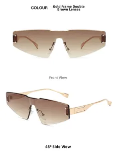 Frameless rimless sunglasses with gradient brown lenses and gold metal temples in two views