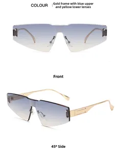 Front and 45-degree angle views of rimless gold metal sunglasses with blue-yellow gradient lens