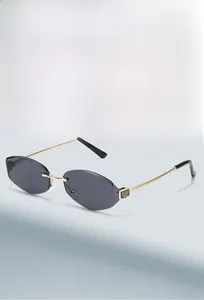 Detail view of gold metal temples and dark grey rimless lenses on trendy sunglasses