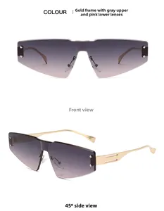 Front and side view of rimless fashion sunglasses with gold metal legs and gradient lenses