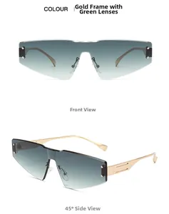Detail of rimless gold frame sunglasses with gradient green lenses and cutout metal temples