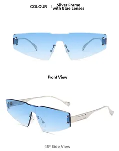 Detailed front and side views of rimless shield sunglasses with silver metal temples