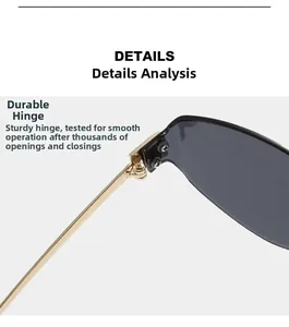 Detail view of durable golden metal hinges on rimless sunglasses for smooth opening