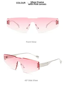 Detailed views of rimless gradient pink sunglasses with slim silver metal temples