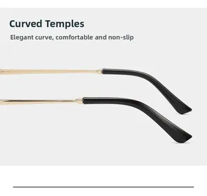 Close-up of curved golden metal temples with black non-slip tips for rimless sunglasses