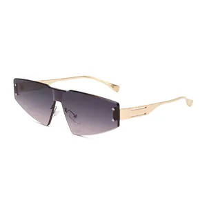 Women Rimless Oversized Sunglasses One Piece Shield Rivet Metal Frame UV400 Protection Trendy Eyewear For Outdoor Party