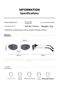 Detailed size chart for rimless metal sunglasses with lens and frame measurements