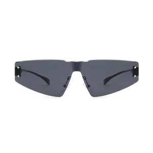 Fashion rimless shield sunglasses with dark lenses and metal stud accents on white background