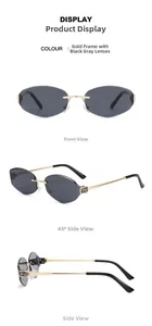 Detailed views of gold metal rimless sunglasses with dark grey hexagonal lenses