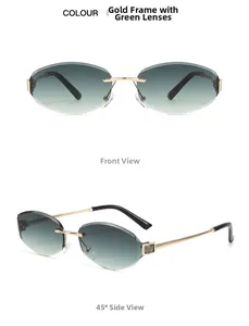 Detail view of rimless narrow sunglasses with golden frames and green gradient lenses