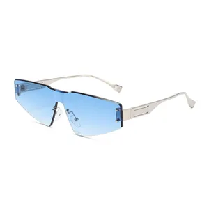 Frameless oversized sunglasses with blue gradient lenses and silver metal frames