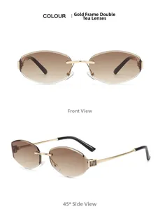Close-up of rimless gold frame sunglasses with double tea gradient lenses and metal hinges
