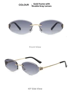 Frameless hexagonal sunglasses with gold metal frame and gradient grey lenses