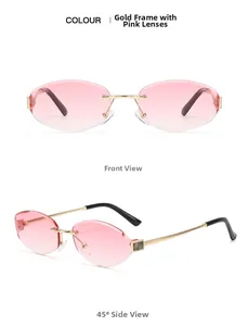 Close-up of frameless pink gradient sunglasses with golden metal bridge and slim temples