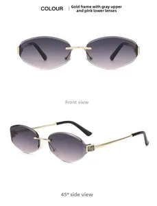 Front and 45-degree angle views of rimless geometric sunglasses with gold-tone metal frame