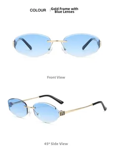 Front and 45-degree views of rimless sunglasses with blue gradient lenses and gold frame