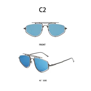 Vues de face et de profil de lunettes de soleil en métal avec verres bleus et double pont