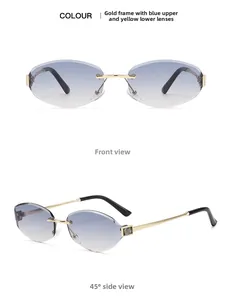 Front and side view of rimless geometric sunglasses with gold metal and blue-yellow lens