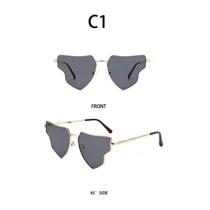 Front and 45-degree side views of gold heart-shaped metal sunglasses with dark lenses