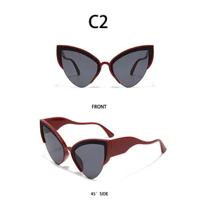 Detailed front and side views of red cat-eye sunglasses with woven texture frame C2