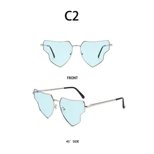 Front and 45-degree side macro views of blue heart-shaped metal frame sunglasses
