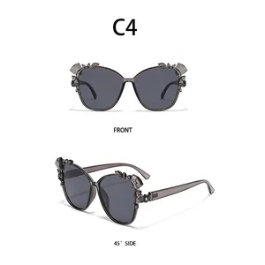 Front and 45-degree side views of C4 sunglasses with rhinestone floral accents