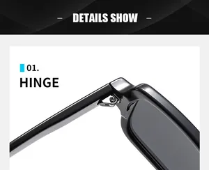 Close-up of durable metal hinge and sleek black frame detail on retro square sunglasses