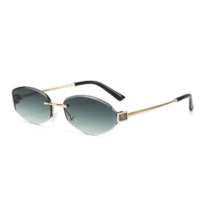 Frameless geometric sunglasses with green gradient lenses and gold metal frames