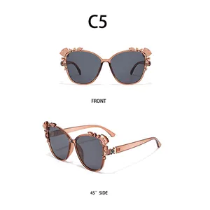 Front and side view of C5 women's oversized sunglasses with butterfly crystal accents