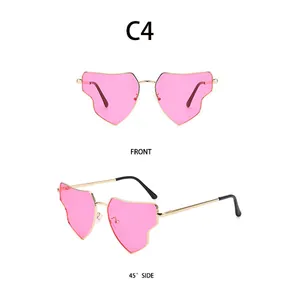 Front and 45-degree side macro view of pink heart-shaped metal sunglasses with gold frame