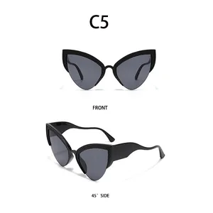 Detail view of black cat eye sunglasses featuring unique woven texture frames and wave legs