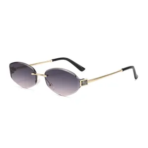 Fashionable rimless metal sunglasses with gradient purple lenses and golden frame for women