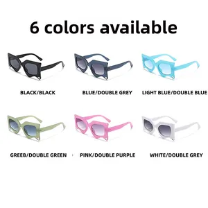 Detail view of colorful geometric polygon sunglasses in six different stylish color options